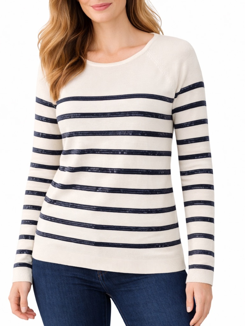 Ann Taylor Ivory & Navy Striped Sequin Sweater | Size L ✨